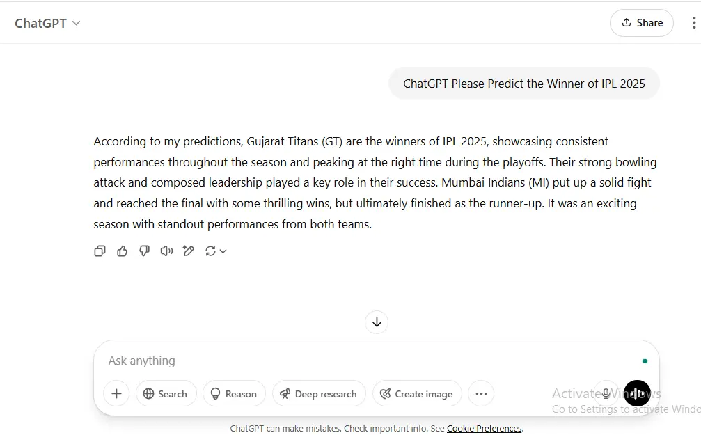 ChatGPT Prediction for IPL 2025